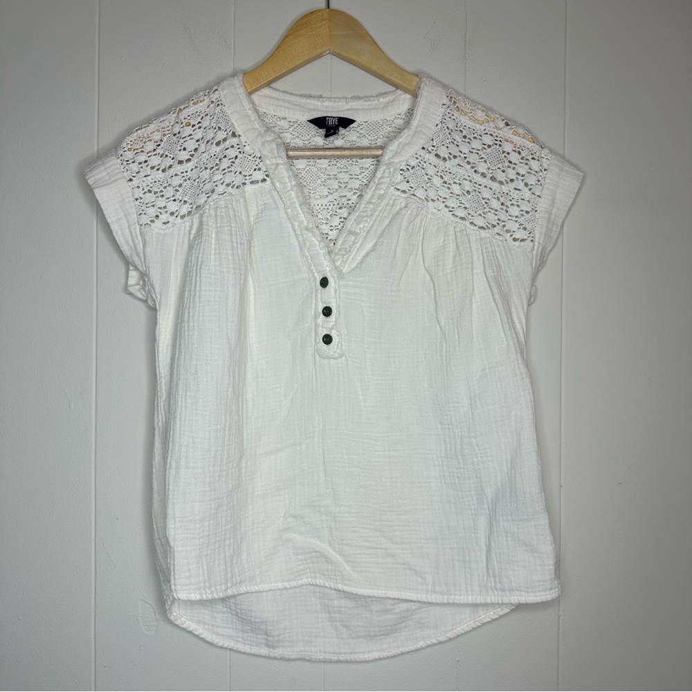 Frye Crochet Top Womens Sz S Button Gauze Blouse Bohemian Cottagecore Off White